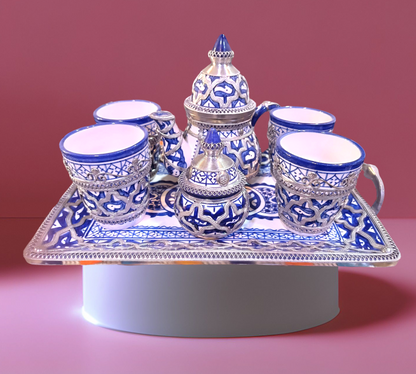 Luxury Moroccan Tea Set – Handcrafted Fez Pottery with Silver & Cobalt Blue