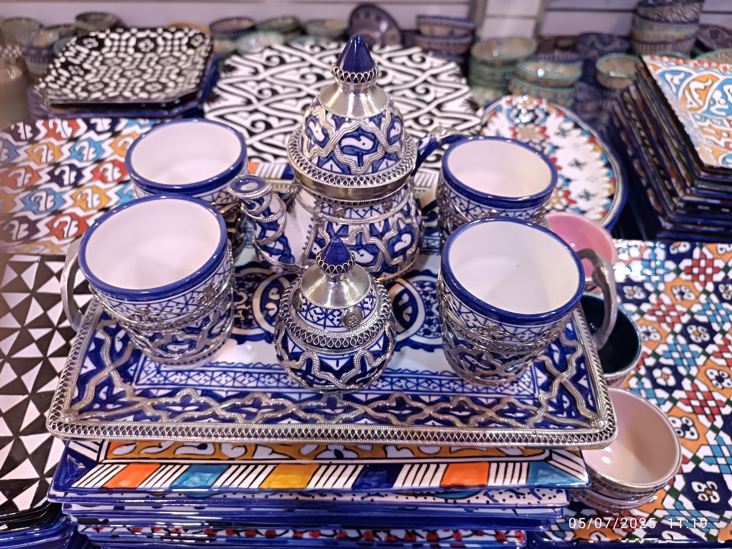 Luxury Moroccan Tea Set – Handcrafted Fez Pottery with Silver & Cobalt Blue