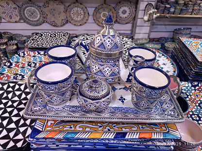 Luxury Moroccan Tea Set – Handcrafted Fez Pottery with Silver & Cobalt Blue