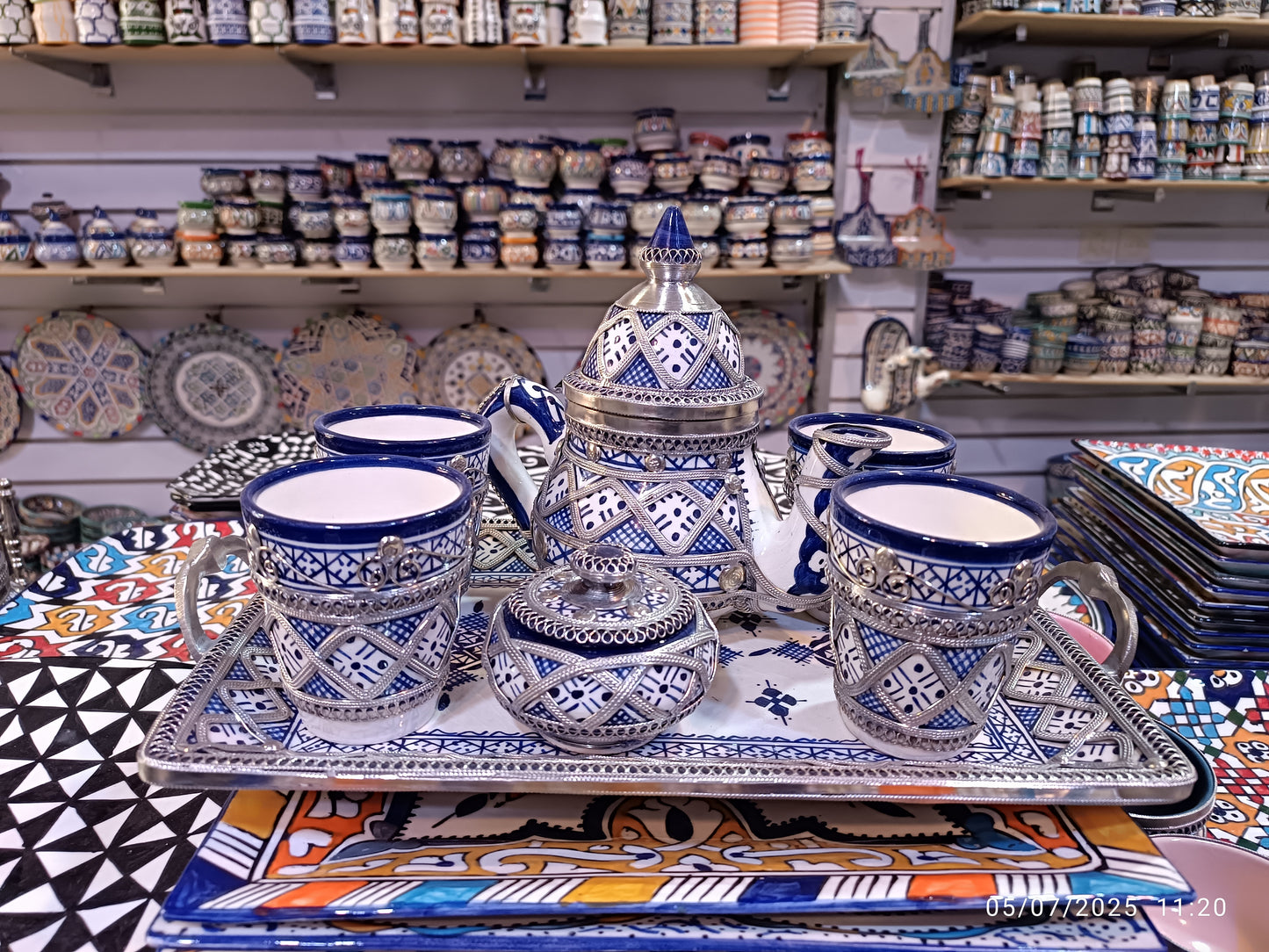 Luxury Moroccan Tea Set – Handcrafted Fez Pottery with Silver & Cobalt Blue