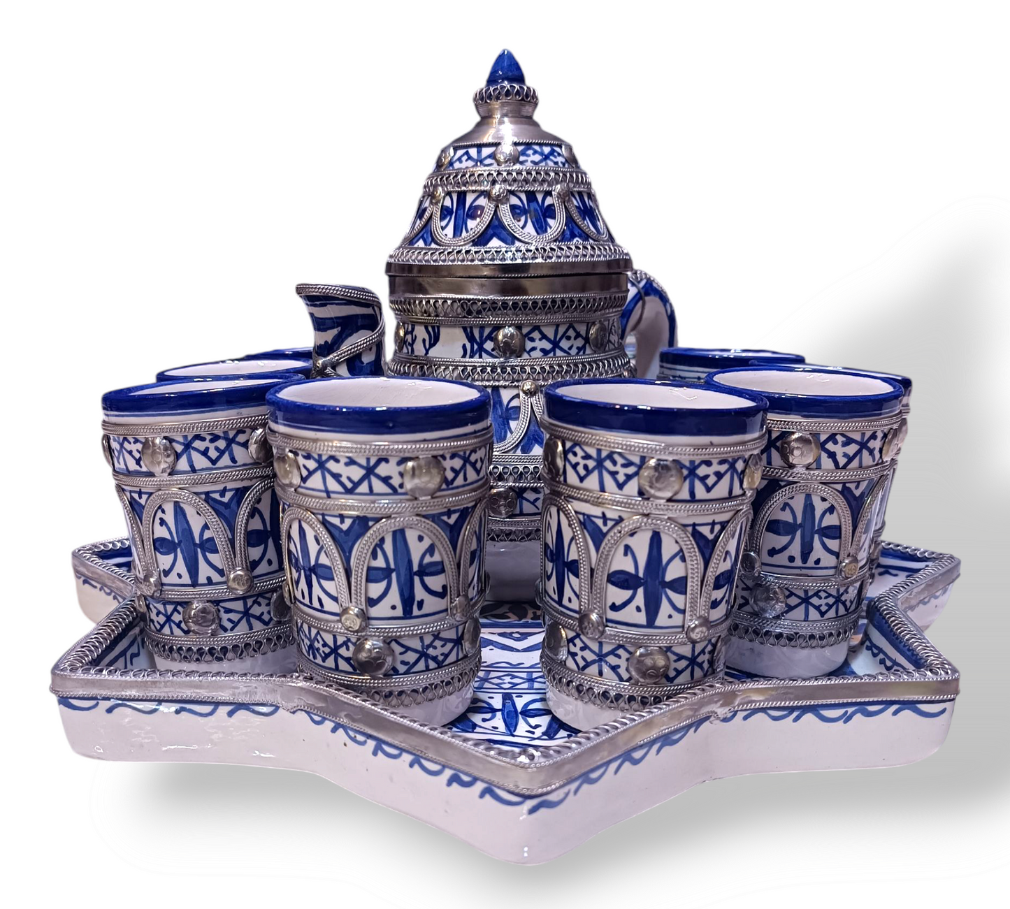 Luxury Moroccan large Tea Set – Handcrafted Fez Pottery with Silver & Cobalt Blue