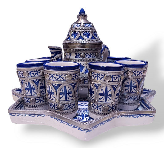 Luxury Moroccan large Tea Set – Handcrafted Fez Pottery with Silver & Cobalt Blue