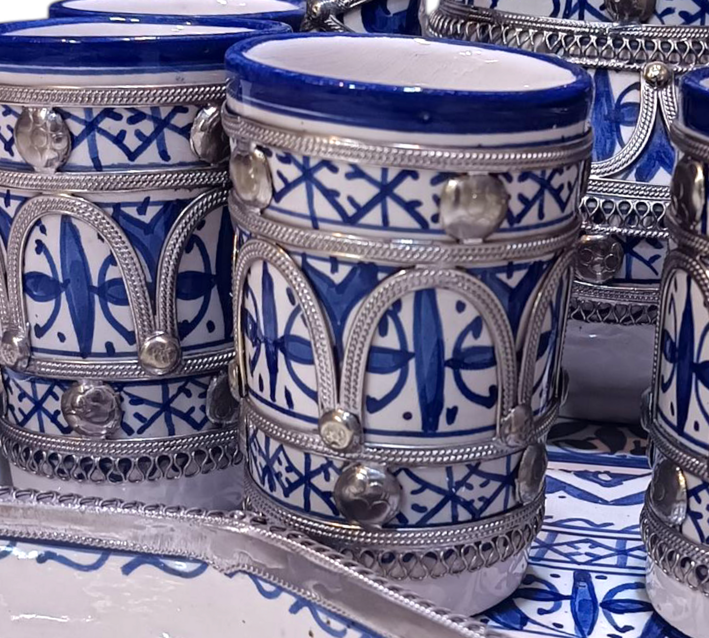 Luxury Moroccan large Tea Set – Handcrafted Fez Pottery with Silver & Cobalt Blue