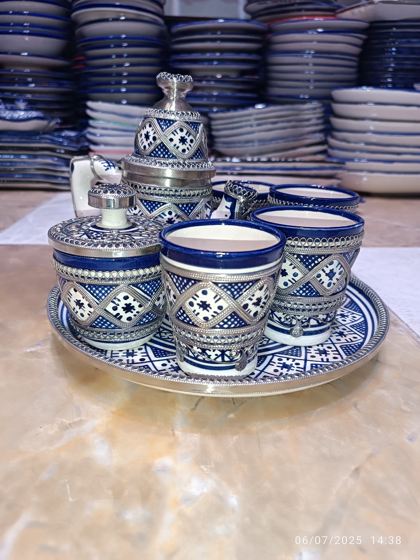 Moroccan Tea Set – Handcrafted Fez Pottery with Silver & Cobalt Blue