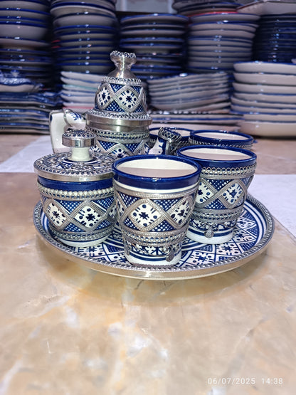 Moroccan Tea Set – Handcrafted Fez Pottery with Silver & Cobalt Blue