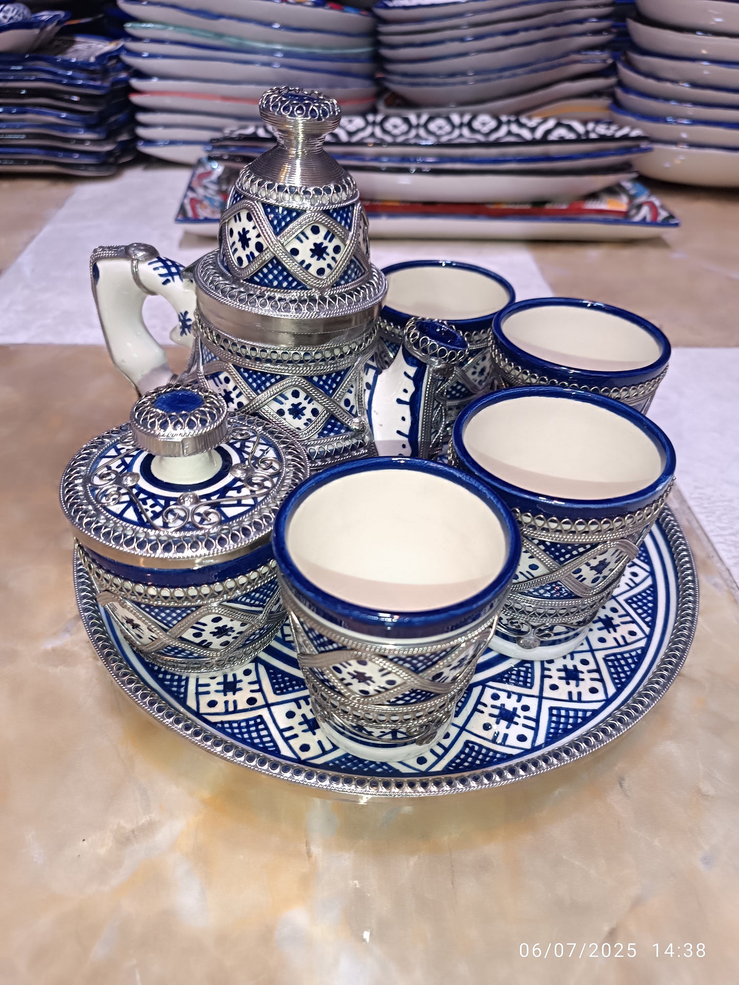 Moroccan Tea Set – Handcrafted Fez Pottery with Silver & Cobalt Blue
