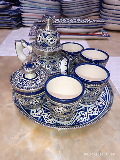 Moroccan Tea Set – Handcrafted Fez Pottery with Silver & Cobalt Blue
