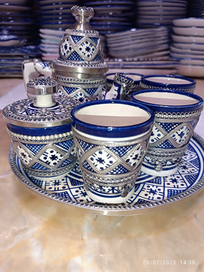 Moroccan Tea Set – Handcrafted Fez Pottery with Silver & Cobalt Blue