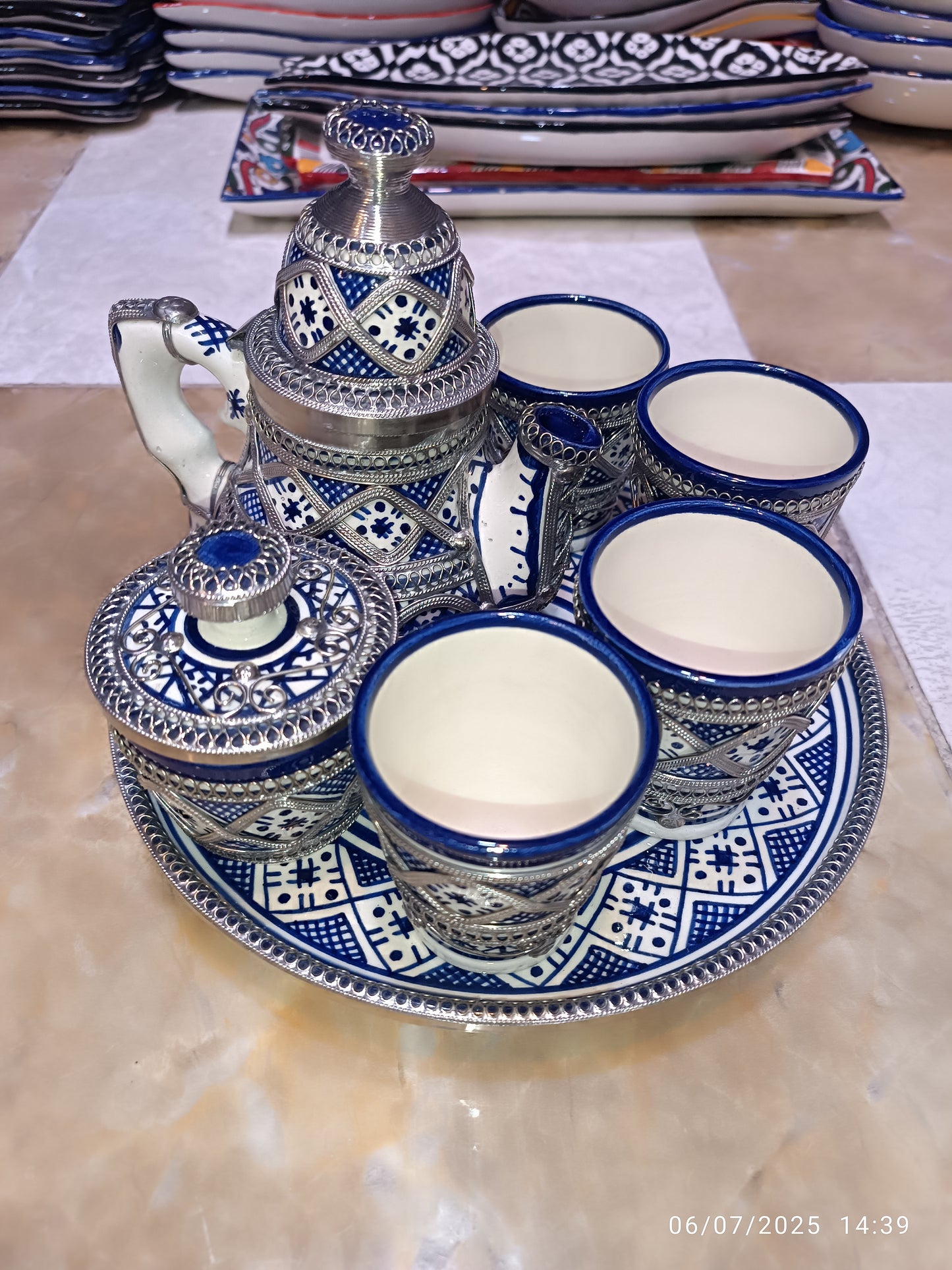Moroccan Tea Set – Handcrafted Fez Pottery with Silver & Cobalt Blue