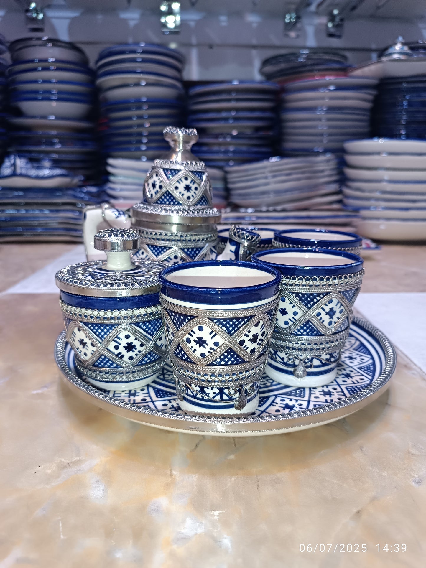 Moroccan Tea Set – Handcrafted Fez Pottery with Silver & Cobalt Blue