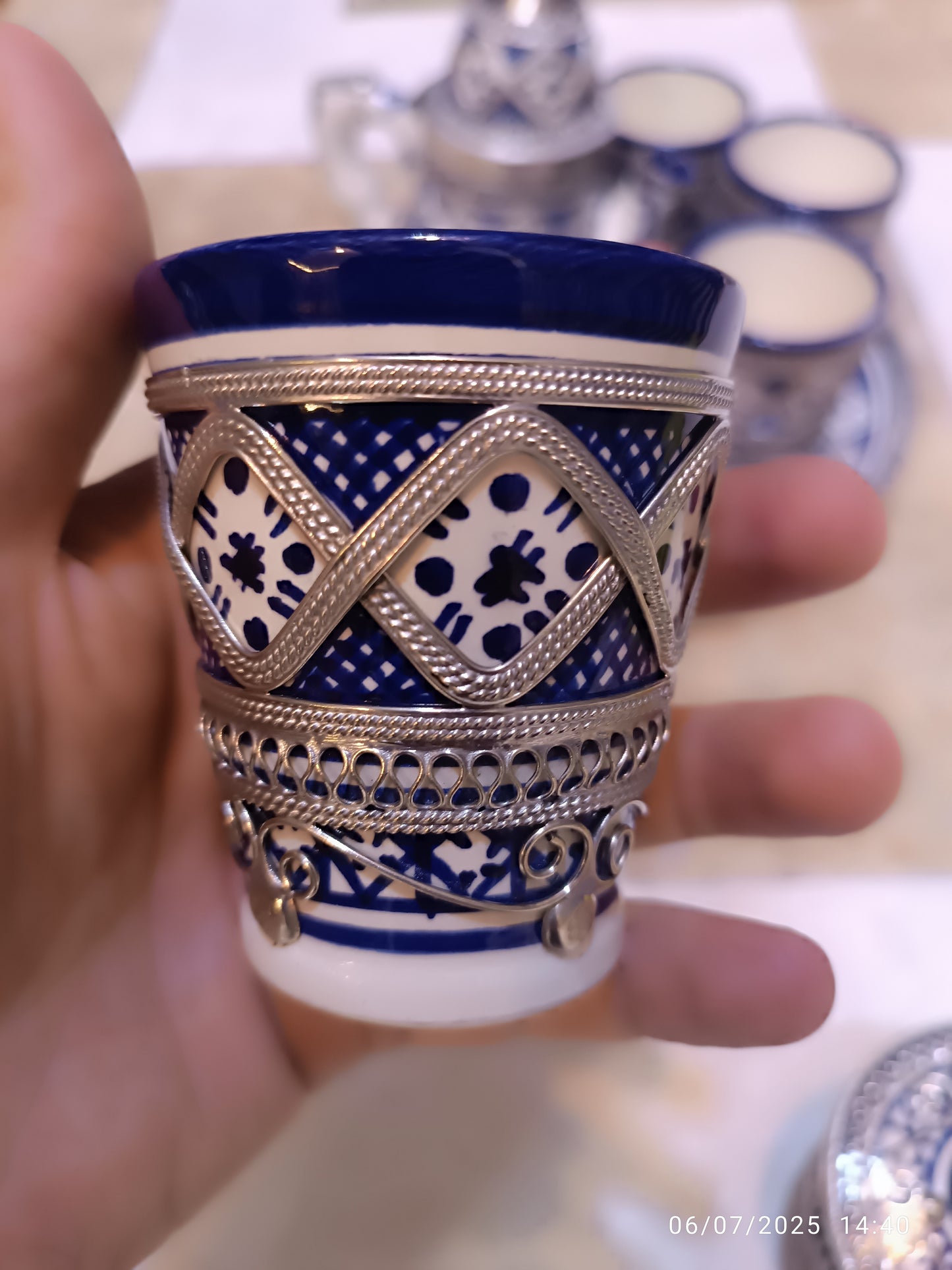 Moroccan Tea Set – Handcrafted Fez Pottery with Silver & Cobalt Blue