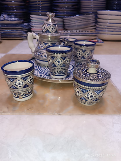 Moroccan Tea Set – Handcrafted Fez Pottery with Silver & Cobalt Blue