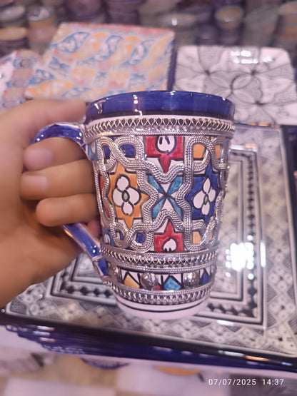 Handmade Moroccan Mug – Cobalt Blue Fez Design with Silver & Nickel Inlay