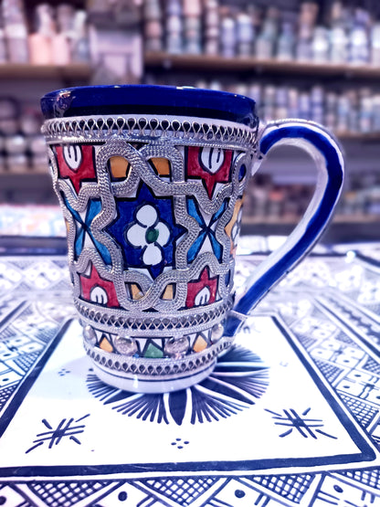 Handmade Moroccan Mug – Cobalt Blue Fez Design with Silver & Nickel Inlay