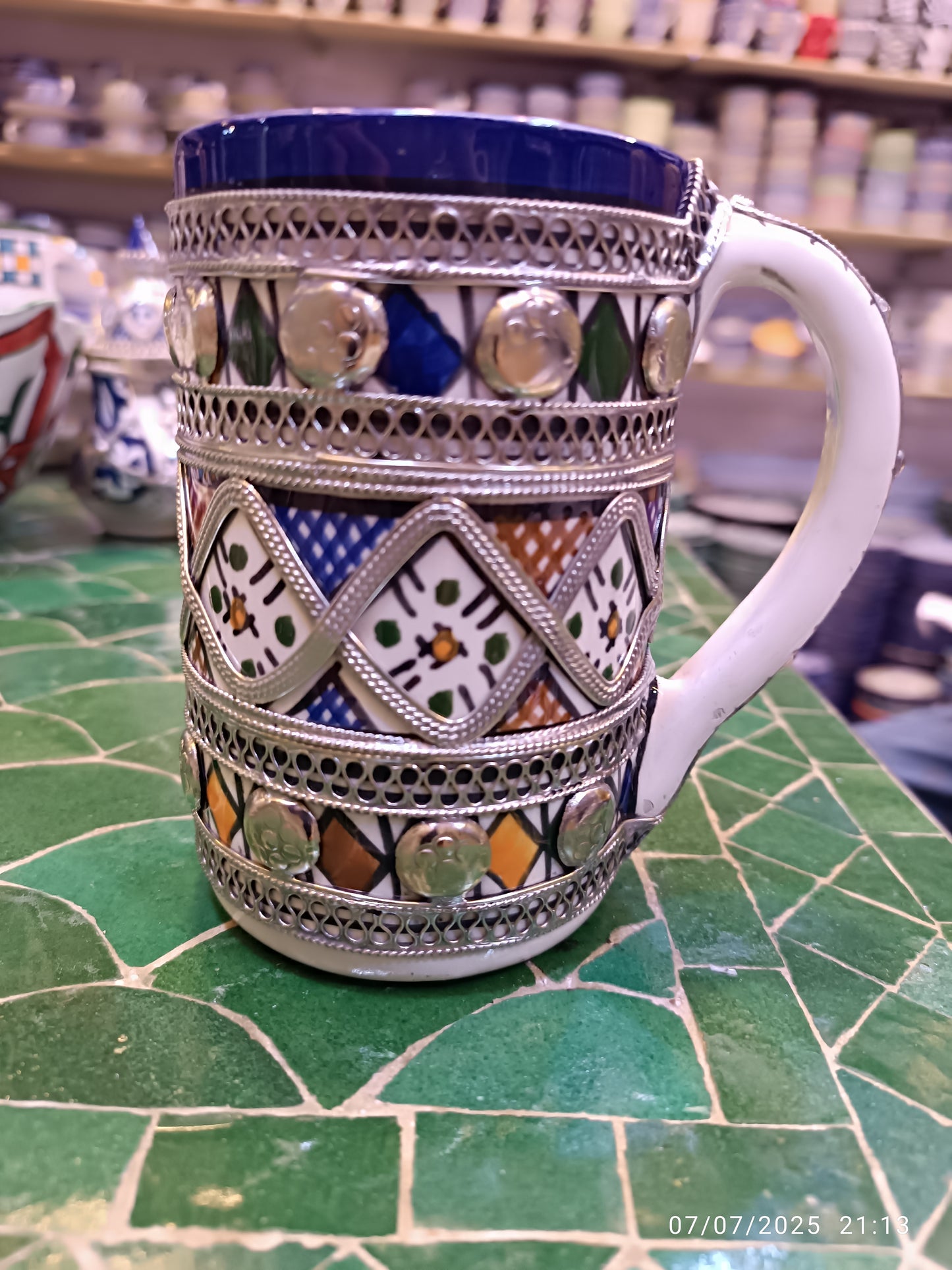 Handmade Moroccan Mug – Cobalt Blue Fez Design with Silver & Nickel Inlay