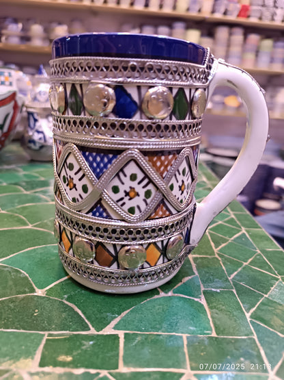 Handmade Moroccan Mug – Cobalt Blue Fez Design with Silver & Nickel Inlay
