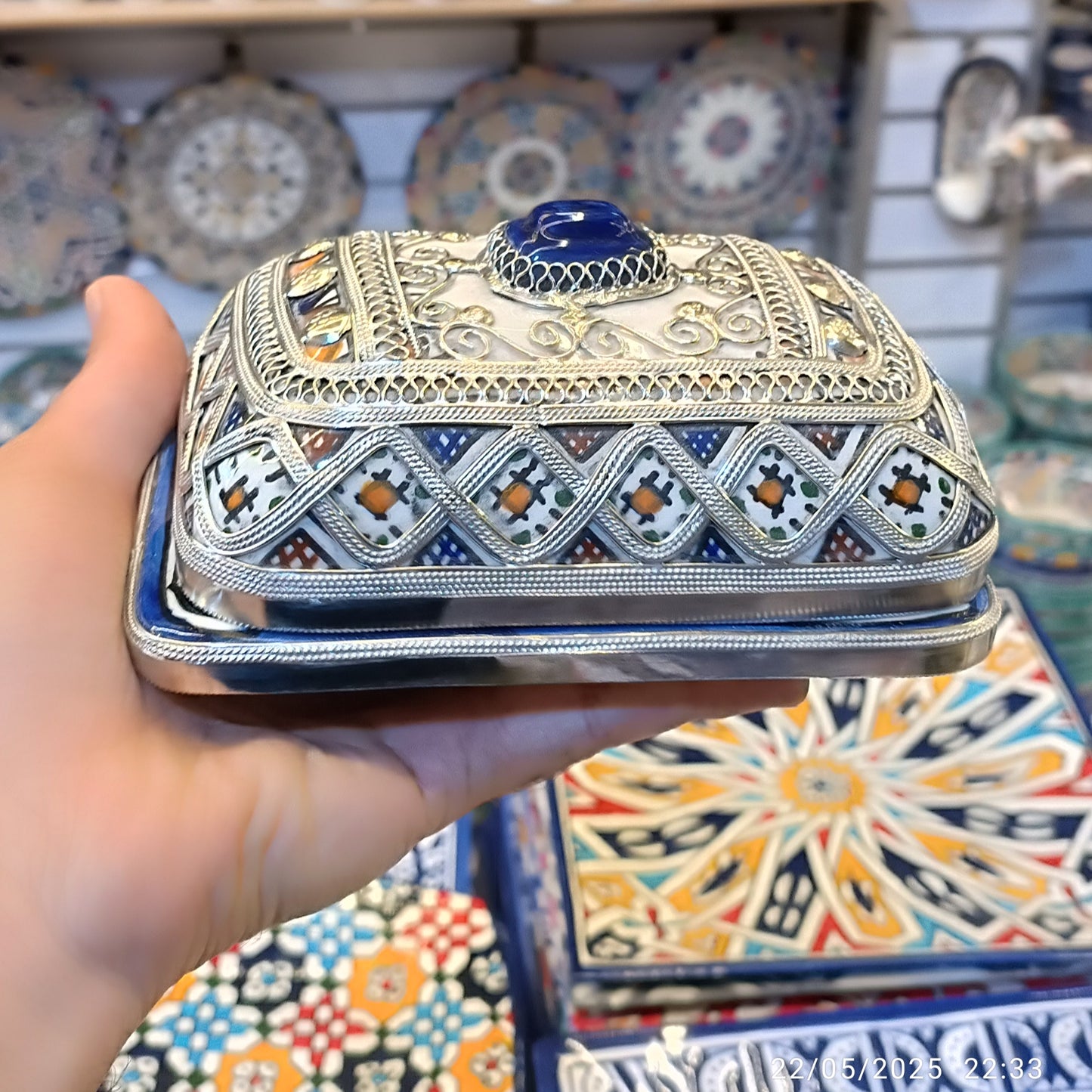 Handcrafted Butter or Cheese Dish with Silver & Nickel Inlay – Moroccan Artistry from Fez