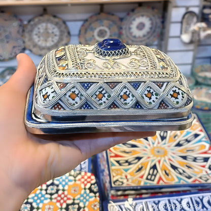 Handcrafted Butter or Cheese Dish with Silver & Nickel Inlay – Moroccan Artistry from Fez