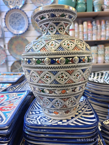 Handcrafted White Clay Vase Inlaid with Nickel & Silver – Traditional Moroccan Elegance