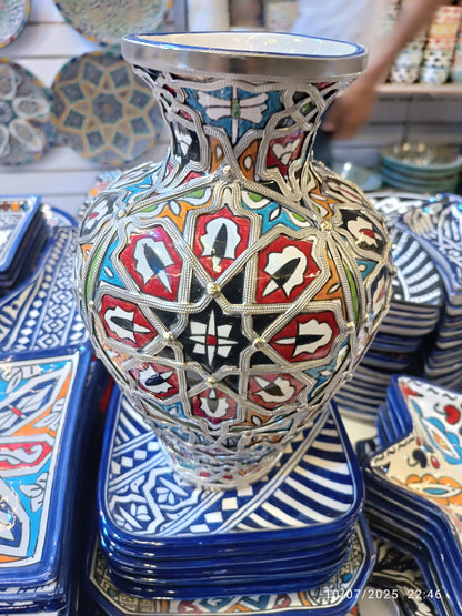 Vase Inlaid with Nickel & Silver – Traditional Moroccan Elegance _ Handcrafted White Clay