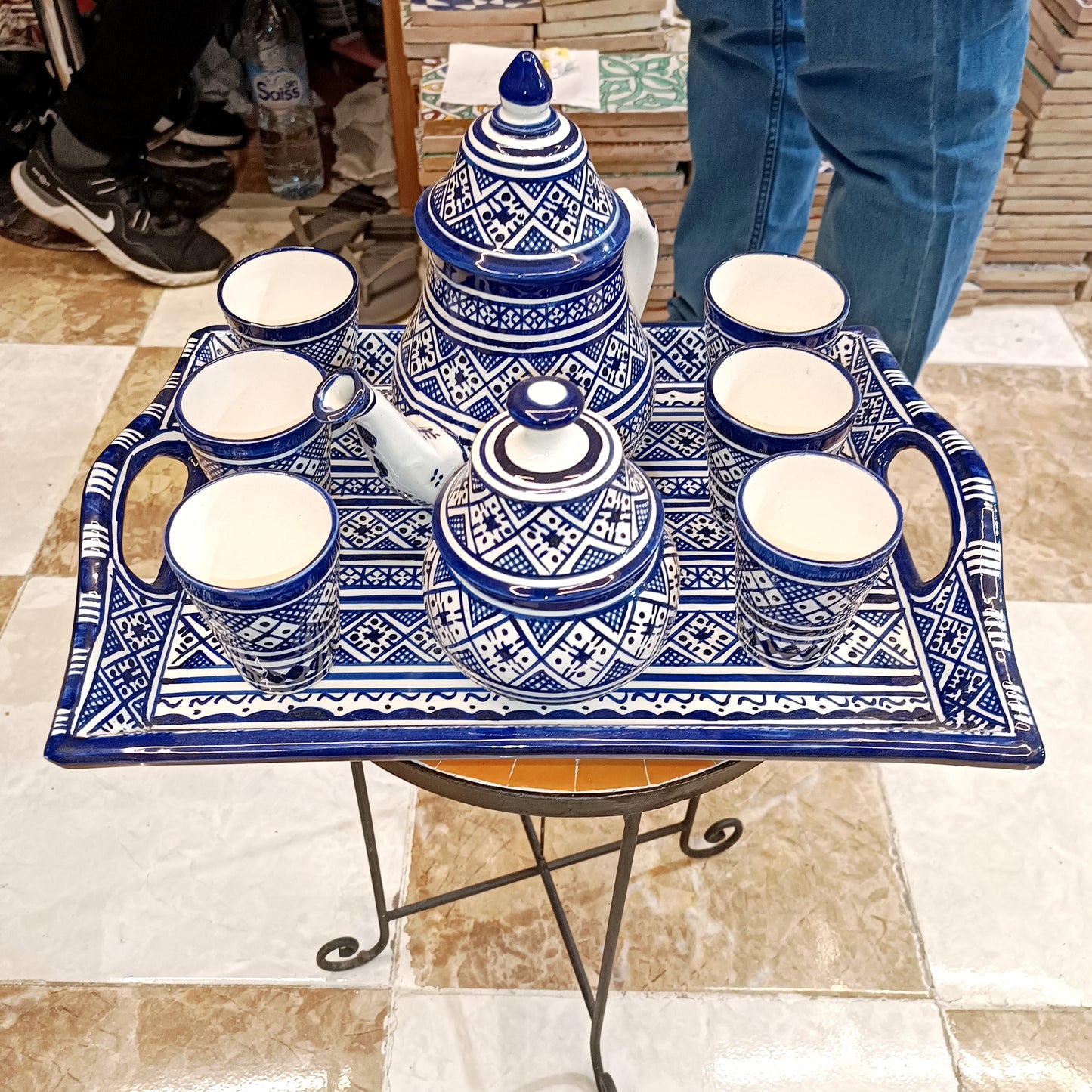 Handcrafted Blue & White Fassi Tea Set – 9-Piece Moroccan Clay Elegance