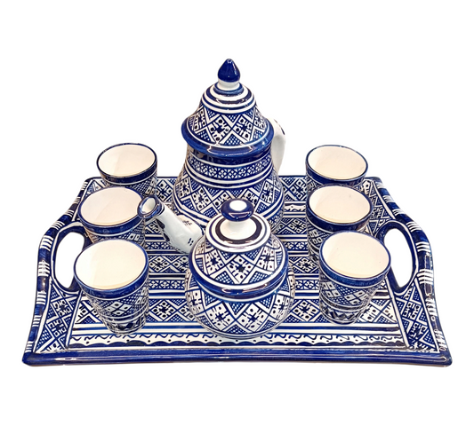 Handcrafted Blue & White Fassi Tea Set – 9-Piece Moroccan Clay Elegance