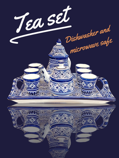 Handcrafted Blue & White Fassi Tea Set – 9-Piece Moroccan Clay Elegance