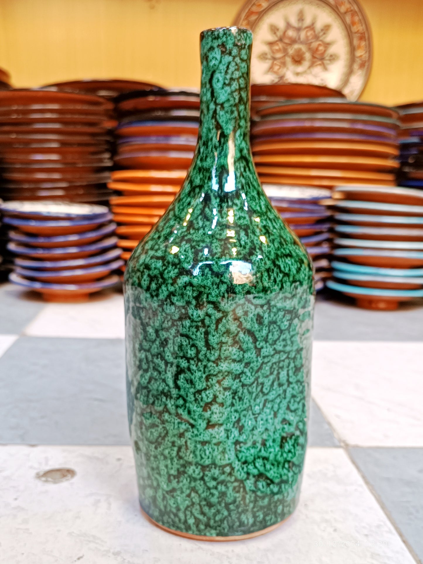 Handmade Bottle-Shaped Pottery Vase – Elegant Green Glaze