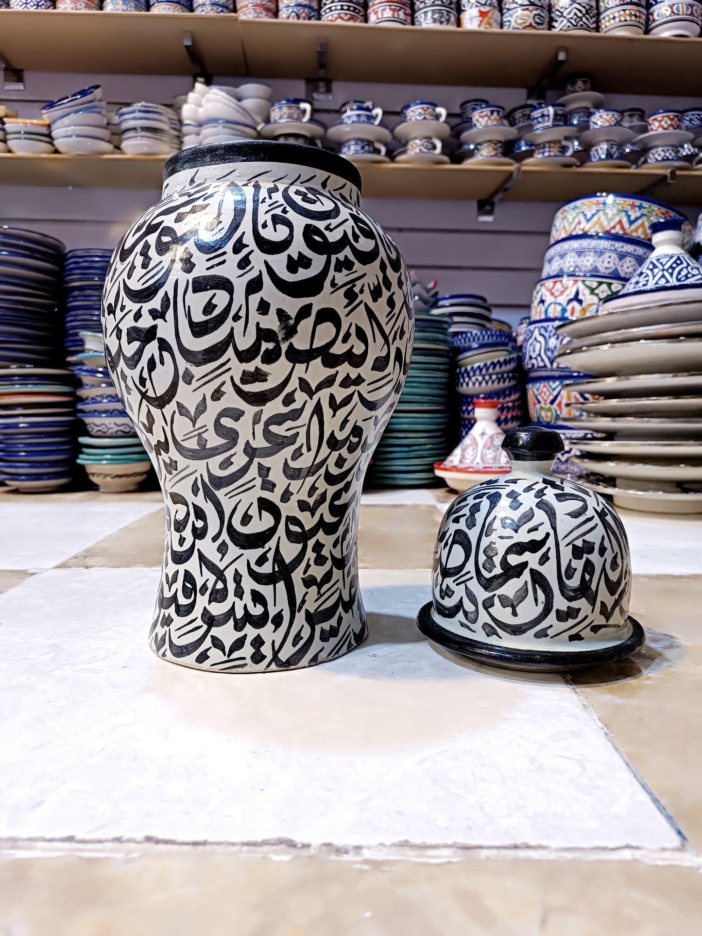 Traditional Jar-Shaped Vase Covered in Hand-Painted Arabic Alphabet Calligraphy