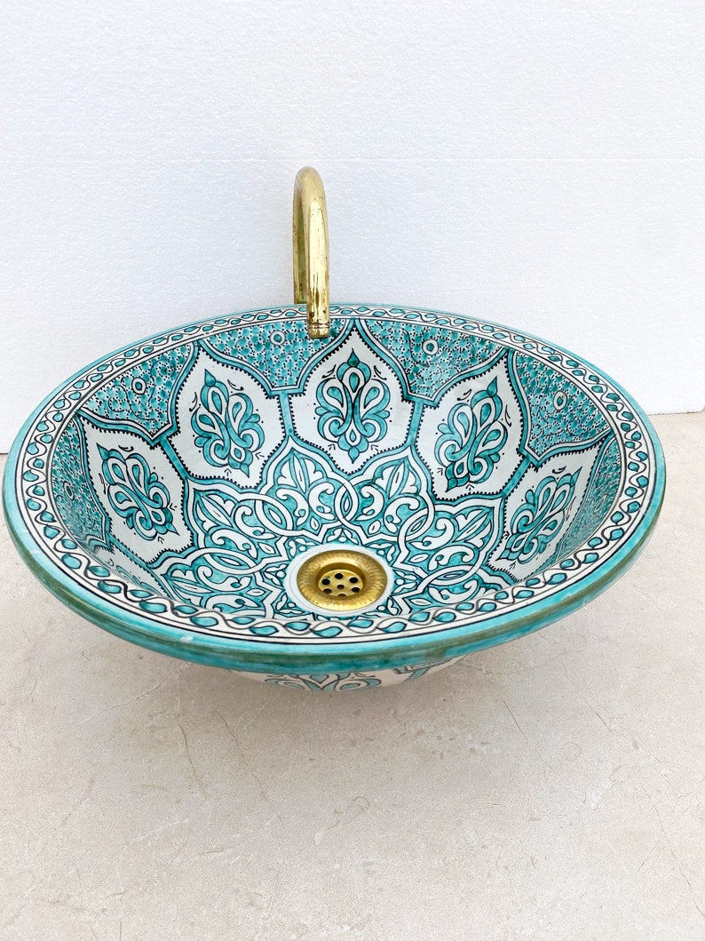 Handcrafted Moroccan Fez Ceramic Sink – Traditional Green Floral Design