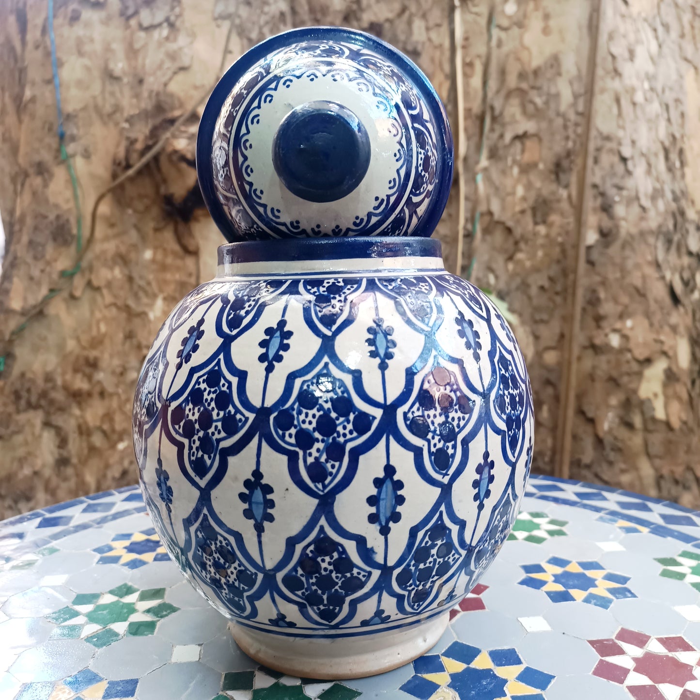 Handmade Moroccan fes pottery Blue & White Ceramic Jar with Lid – 30cm