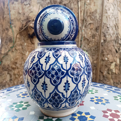 Handmade Moroccan fes pottery Blue & White Ceramic Jar with Lid – 30cm