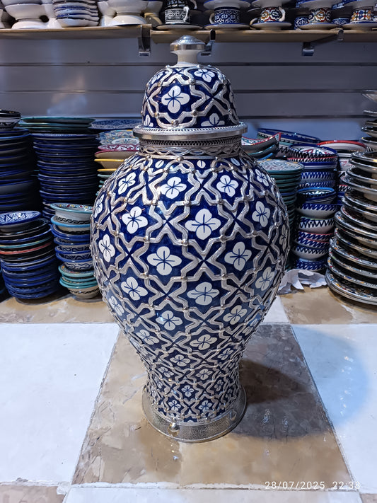 Handmade Moroccan Ceramic Vase – Colorful Fez Pottery, Hand Painted & Nickel Inlaid, Authentic Moorish Pattern, Unique Boho Home Decor