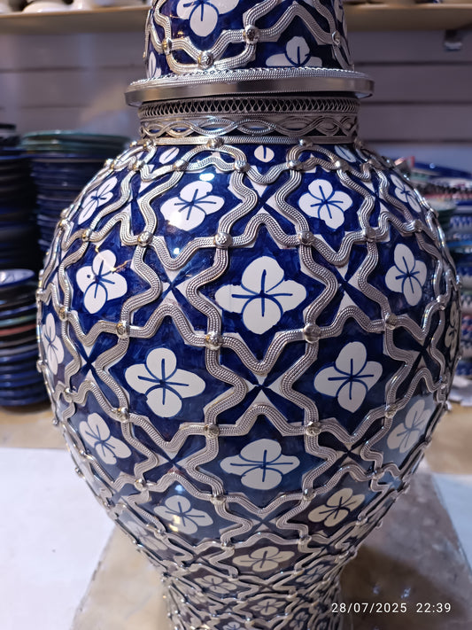 Handmade Moroccan Ceramic Vase – Colorful Fez Pottery, Hand Painted & Nickel Inlaid, Authentic Moorish Pattern, Unique Boho Home Decor