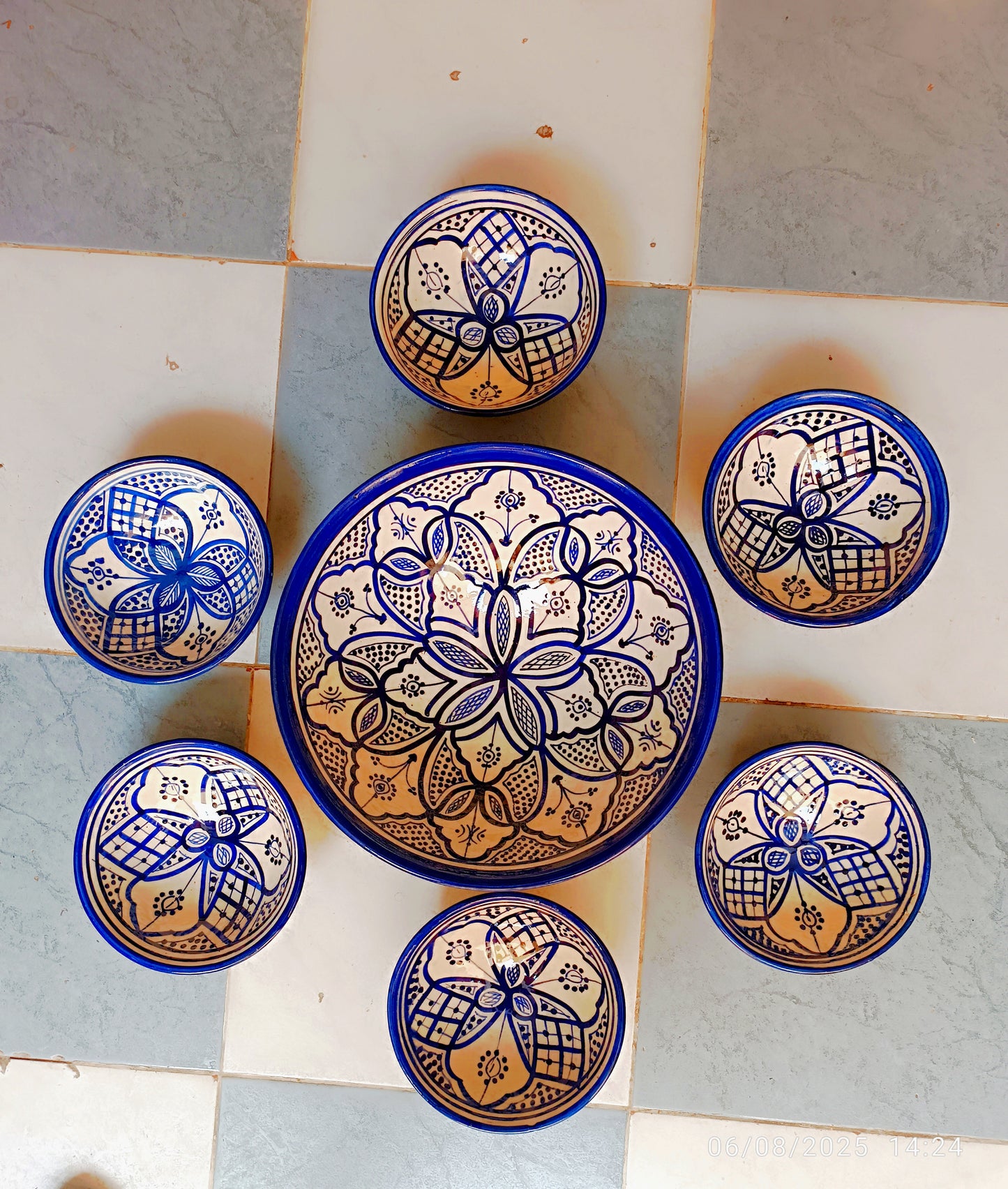 Hand-Painted Moroccan Fassi Ceramic Bowl Set – 6 Small + 1 Large – Traditional Fez Pottery