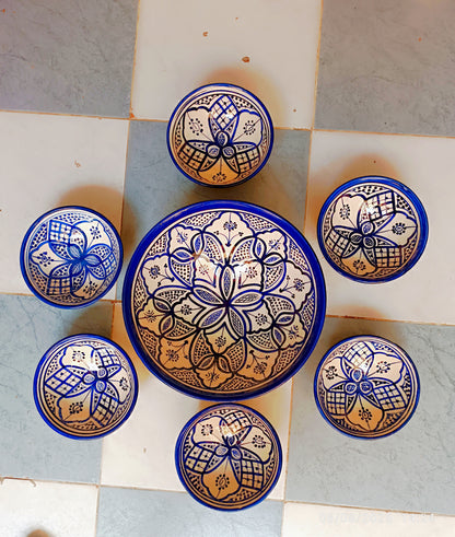 Hand-Painted Moroccan Fassi Ceramic Bowl Set – 6 Small + 1 Large – Traditional Fez Pottery