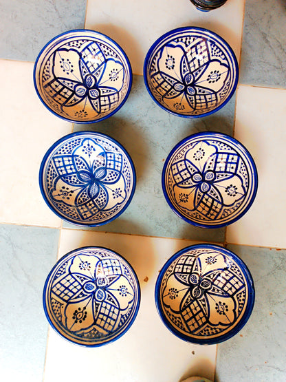 Hand-Painted Moroccan Fassi Ceramic Bowl Set – 6 Small + 1 Large – Traditional Fez Pottery