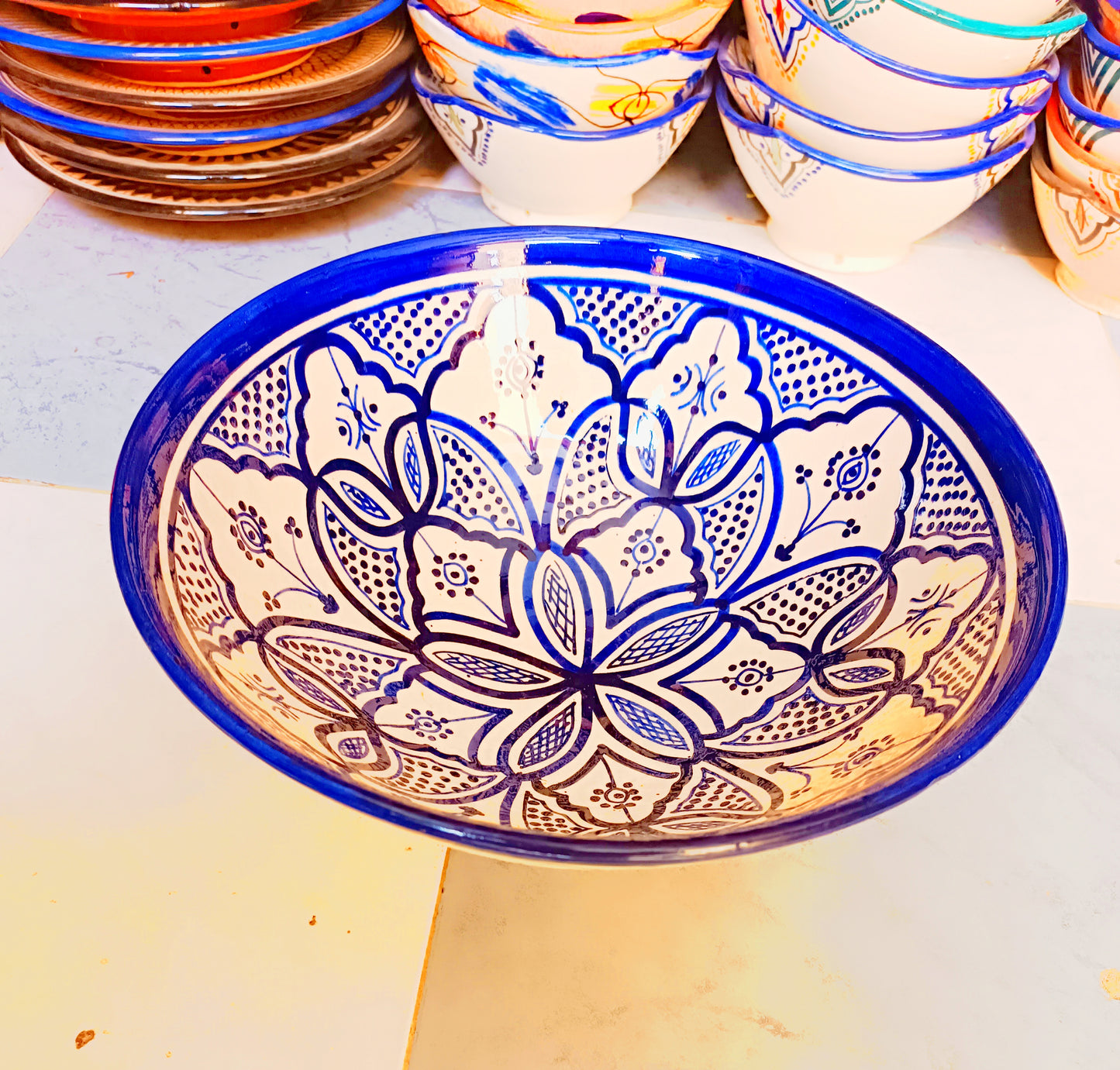 Hand-Painted Moroccan Fassi Ceramic Bowl Set – 6 Small + 1 Large – Traditional Fez Pottery