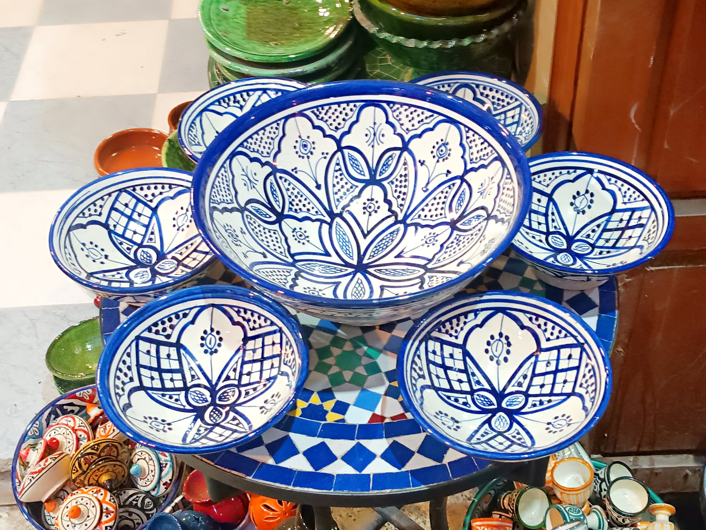 Hand-Painted Moroccan Fassi Ceramic Bowl Set – 6 Small + 1 Large – Traditional Fez Pottery