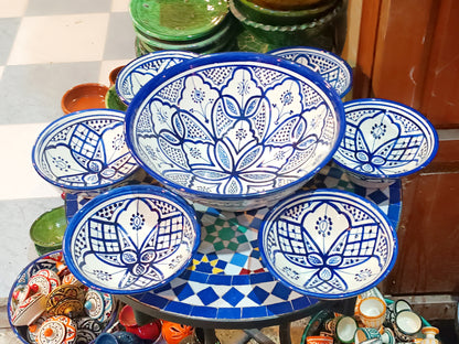 Hand-Painted Moroccan Fassi Ceramic Bowl Set – 6 Small + 1 Large – Traditional Fez Pottery