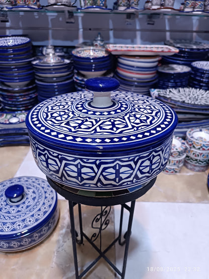 Candy Box – Hand-Painted Fassi Ceramic with Lid, Blue & White Moroccan Design