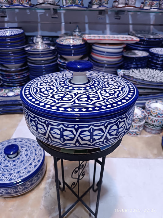 Candy Box – Hand-Painted Fassi Ceramic with Lid, Blue & White Moroccan Design