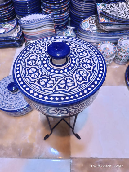 Candy Box – Hand-Painted Fassi Ceramic with Lid, Blue & White Moroccan Design