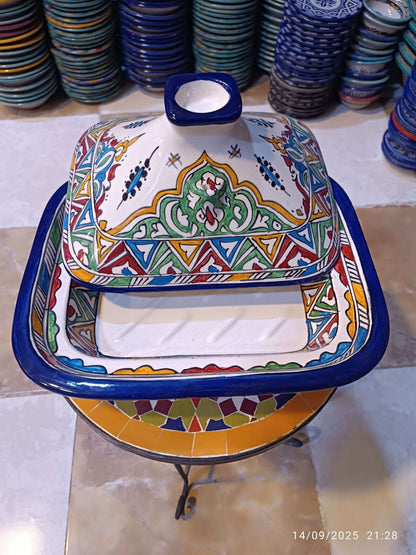 Square Tagine – Multicolor Moroccan Ceramic Cooking Pot – 24x29 cm