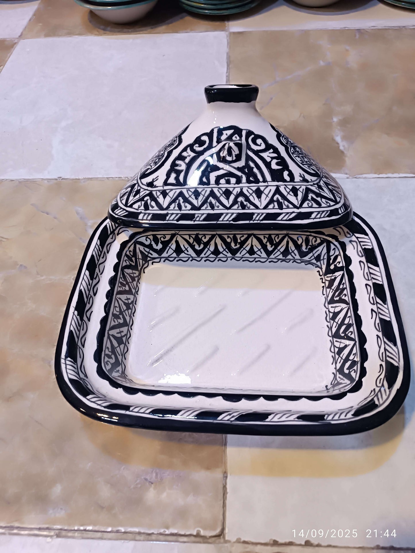 Square Moroccan Tagine – Black & White Ceramic Cooking Pot – 24x29 cm