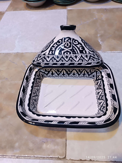 Square Moroccan Tagine – Black & White Ceramic Cooking Pot – 24x29 cm