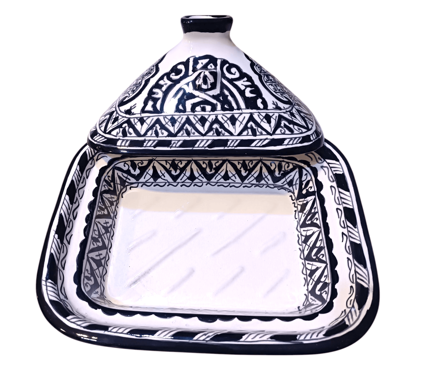 Square Moroccan Tagine – Black & White Ceramic Cooking Pot – 24x29 cm