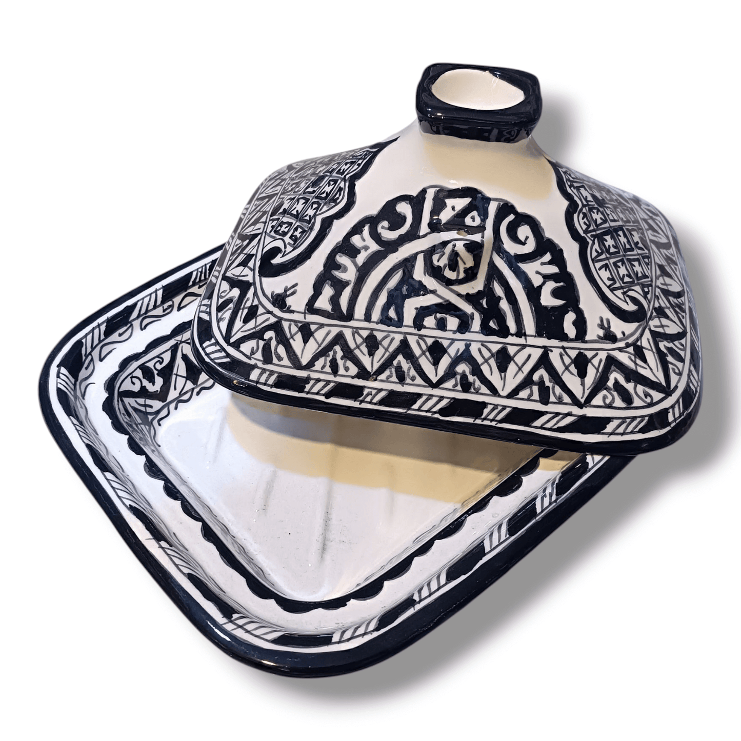 Square Moroccan Tagine – Black & White Ceramic Cooking Pot – 24x29 cm