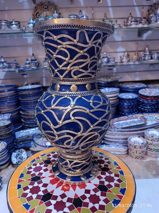 Flower Vase – Handcrafted Blue Clay with Nickel Inlay – 32cm