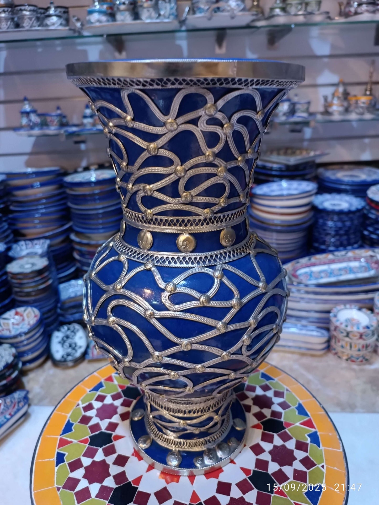 Flower Vase – Handcrafted Blue Clay with Nickel Inlay – 32cm